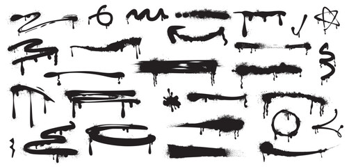 Set of black spray paint drips, abstract lines and ink splatters. Arrow, inky blots with graffiti grunge texture. Strokes, brush stains with spatter and drops. Vector design elements in street style.