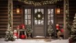  a porch decorated for christmas with presents and a wreath on the front door of a log cabin with snow on the ground.
