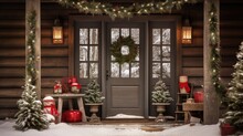  A Porch Decorated For Christmas With Presents And A Wreath On The Front Door Of A Log Cabin With Snow On The Ground.