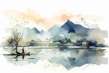 Watercolor Painting Of Asian Lake Stock. Forest & Mountains & Fisher Man Boat In Sea. Hand Drawn Landscape With Rocks In Oriental Style. Background For Relaxation, Meditation, Restore, Decoration.