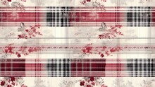  A Plaid Pattern With Red And White Flowers And Leaves On A White And Red Checkerboard Background With A Black And White Checkerboard Design.