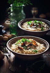 two bowls of mushroom risotto in the wooden serving table