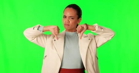 Wall Mural - Green screen, face and sad woman with thumbs down in studio for wrong, no or rejection on mockup background. Portrait, frown and lady model with emoji hands for fail, bad or reaction to fake news