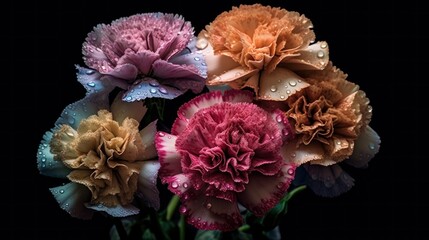  Bouquet of pink and red,blue carnations isolated on black background. Marigold. Springtime concept with a space for a text. Valentine day concept with a copy space.