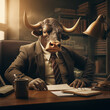 bull doing stock trading in a suit | bull in businessman suite