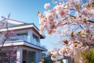 Wall Mural - Close-up view of pink cherry blossom flower branch with residential home building in Spring. Spring seasonal concept.