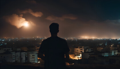 Canvas Print - Silhouette of a man looking at the city at night.