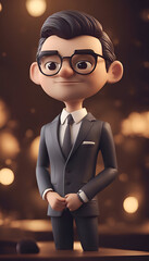 Wall Mural - Cute cartoon boy in a suit and glasses. 3d rendering.