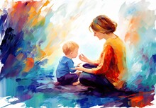A Loving Mother Holds A Small Child In Her Arms And Enjoys A Tender Moment. Mom Hugs The Baby. Mother's Day Holiday Card In Watercolor Style. Motherhood. Illustration For Cover, Interior Design, Print