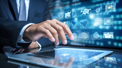 Leinwandbilder - Close-up of a hand interacting with a global digital interface on a tablet