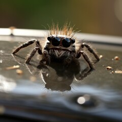 Sticker - A cute kawaii spider with a big head and eyes, perched on a car wing mirror, its hair blowing in the wind. Generative AI.