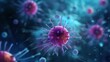 Closeup virus cells. Microbiology concept. Disease germ or pathogen organism. Background for medicine and science. Illustration for banner, poster, cover, brochure or presentation.