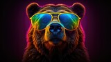 Fototapeta  - Close-up portrait of a bear wearing glasses. Digital art of a multi-colored grizzly bear. Illustration for cover, card, postcard, interior design, decor or print.