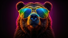 Close-up Portrait Of A Bear Wearing Glasses. Digital Art Of A Multi-colored Grizzly Bear. Illustration For Cover, Card, Postcard, Interior Design, Decor Or Print.