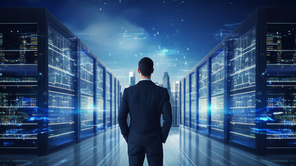 Leinwandbilder - Businessman in data center with glowing server racks and futuristic interface