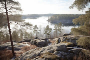 Wall Mural - Rocky hill with lake view generative AI
