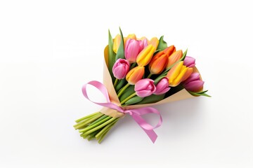 Wall Mural - Isolated tulip boutique with variable colors on white background in Spring. Spring seasonal concept.