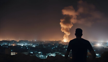 Poster - Silhouette of a man standing in the middle of the city at night