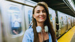 © ihorvsn - Portrait of beautiful cute Caucasian girl standing in subway station looking at camera smiling. Attractive charming young woman with headphones with train on background. Underground concept.