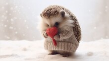  A Hedgehog In A Sweater Holds A Red Heart In It's Paws While Standing On A Snow Covered Surface.