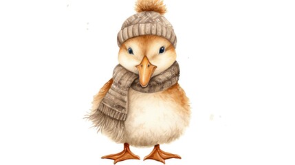  a watercolor painting of a duck wearing a knitted hat, scarf, and booties with a pom pom on it's head.