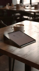 Sticker - Tablet pc and cup of coffee on wooden table in coffee shop