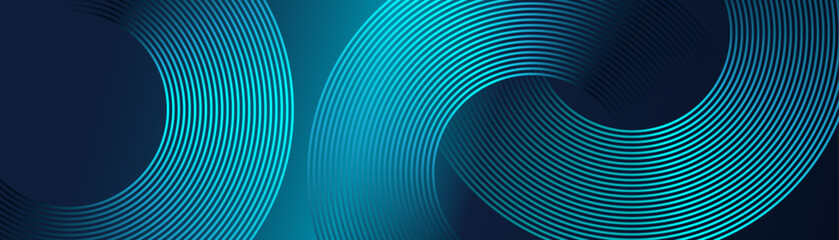 Poster - Abstract blue green shiny circles lines pattern. Modern glowing geometric dark blue background in concept of futuristic technology, business cover, poster, banner, brochure, header, website