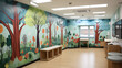 Interactive Learning Wall in Pediatric Clinic: An interactive wall in a pediatric clinic, featuring educational games and activities for children