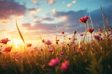 Wall Mural - Wild flower field in wild at sunset with variable colors in Spring. Spring seasonal concept.