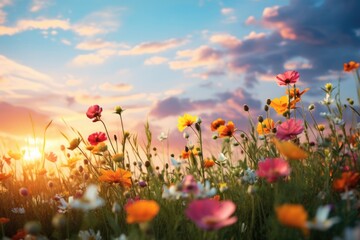 Wall Mural - Wild flower field in wild with variable colors in Spring. Spring seasonal concept.