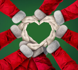 Poster - Christmas Holiday Love and community unity as a group of Santa Clause hands and arms joining together in the spirit of the season for giving and celebrating hope for the New Year on a green background
