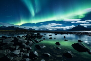 Wall Mural - overtaking northern lights shining green over the coast of iceland