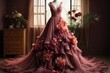 Unconventional bohemian burgundy wedding dress isolated on a gradient rose gold background 
