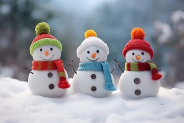 Cute snowman with holiday decoration in Winter. Winter seasonal concept.