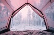 First person view from tent camping in snow covered wild field. Winter seasonal concept.