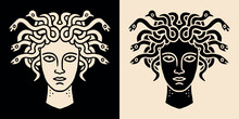 Medusa Head Minimalist Portrait Logo. Black And Beige Greek Goddess Stylized Drawing. Dark Academia Aesthetic Illustration. Greek Mythology Lover Vector Printable Design.