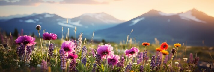Wall Mural - Panoramic view of wild flower field in wild with variable colors and snow mountain background in Spring. Spring seasonal concept.