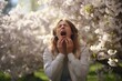 A female sneeze in a booming cherry blossom woods in Spring due to pollen allergy. Spring seasonal concept.