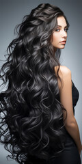 Wall Mural - Young stunning woman with healthy long black hair. Glossy wavy beautiful hair