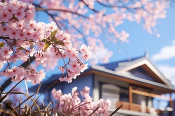Wall Mural - Close-up view of pink cherry blossom flower branch with residential home building in Spring. Spring seasonal concept.