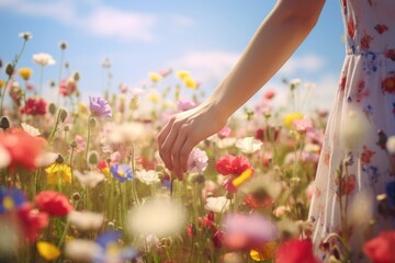 a beautiful graceful lady walking in wild flower field in wild with variable colors in spring. sprin