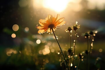 Wall Mural - Wild flower field with morning dew and sunlight in wild with variable colors in Spring. Spring seasonal concept.