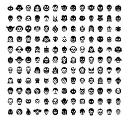 Wall Mural - Halloween face icons. Spooky scary funny creepy person black silhouettes on white background, pumpkin executioner maniac evil clown alien dracula vampire deadman faces big collection