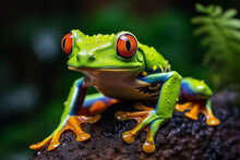 Red Eyed Tropical Frog Looking At Camera On Natural Background. Generative AI.