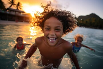 Wall Mural - Child swim in sea water. Summer tropical vacation concept.