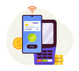 Poster - Contactless payment concept. Smartphone with atm terminal. Electronic commerce and marketing. Digital transfers and transactions. Cartoon flat vector illustration isolated on white background