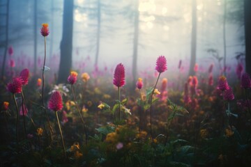 Wall Mural - Wild flower field in foggy forest with variable colors in Spring. Spring seasonal concept.
