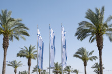 Decoration On The Occasion Of Independence Day  (Yom Haatzmaut) In Israel. Hanging Long Israeli Flags With Star Of David On It Against The Blue Sky And Palm Trees. Israeli Star Of David 