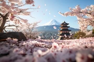 Wall Mural - Petals on ground with Mt Fuji and beautiful blooming cherry blossom woods with Japanese style temple building in Spring. Spring seasonal concept.