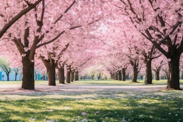 Wall Mural - Beautiful blooming cherry blossom woods with pink petals in air and on ground in Spring. Spring seasonal concept.